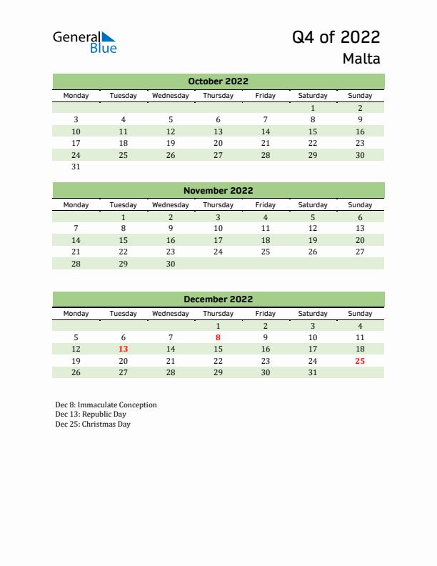 Quarterly Calendar 2022 with Malta Holidays