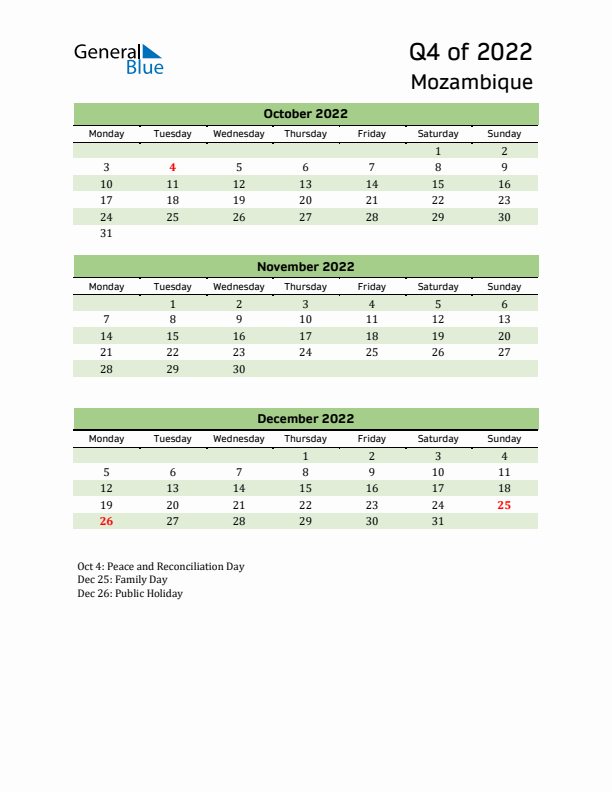 Quarterly Calendar 2022 with Mozambique Holidays