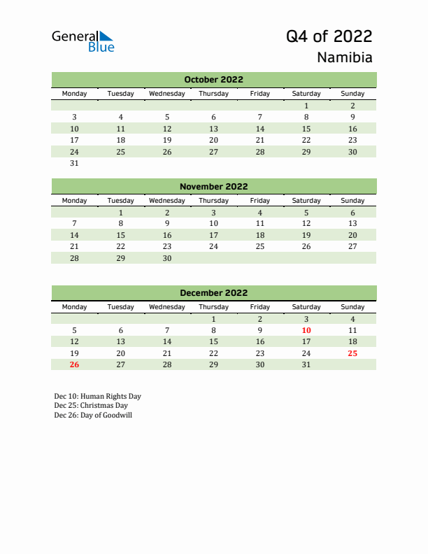 Quarterly Calendar 2022 with Namibia Holidays