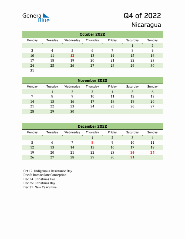 Quarterly Calendar 2022 with Nicaragua Holidays