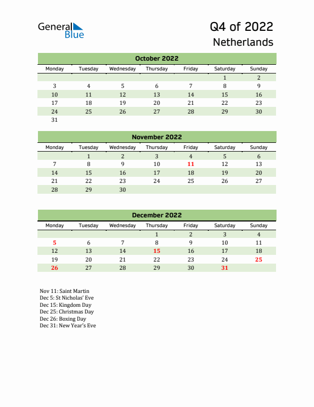 Quarterly Calendar 2022 with The Netherlands Holidays