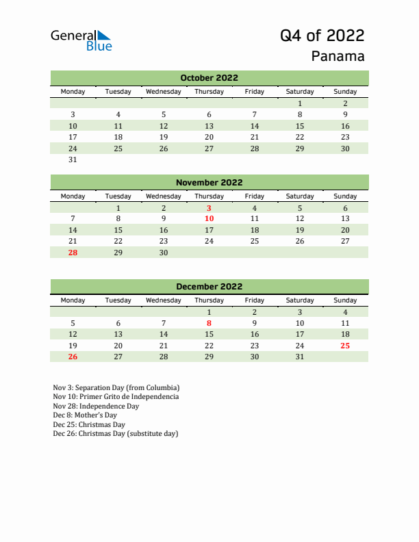 Quarterly Calendar 2022 with Panama Holidays