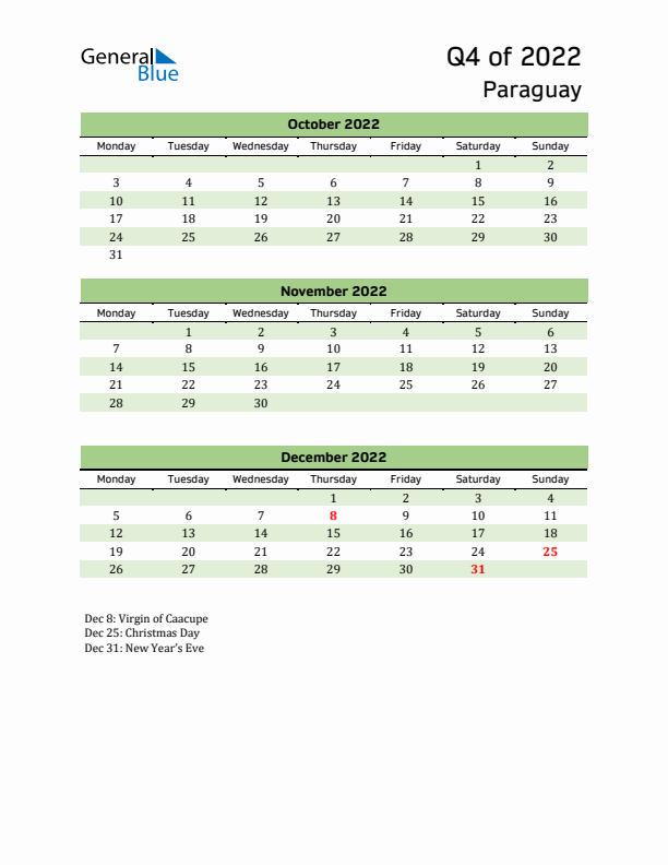 Quarterly Calendar 2022 with Paraguay Holidays