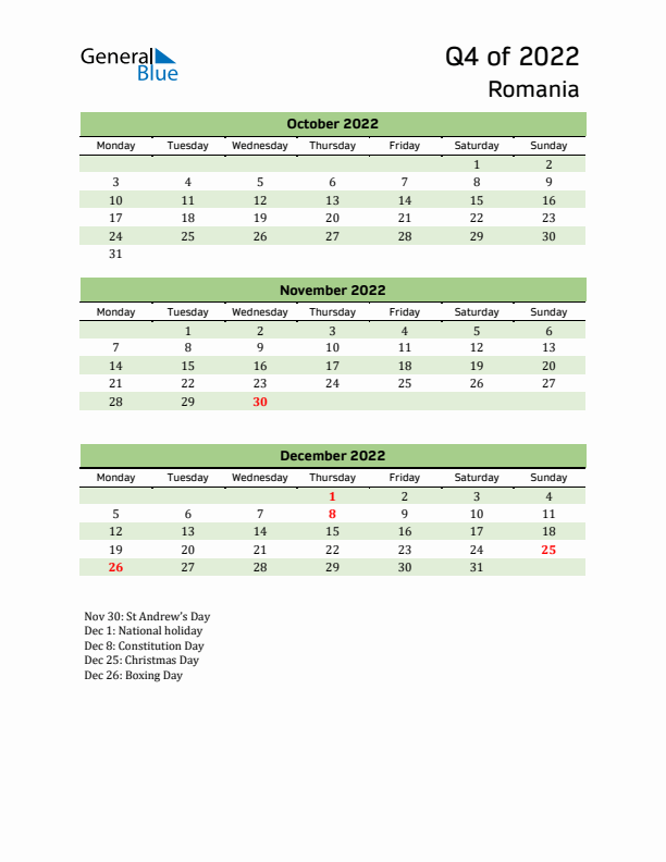 Quarterly Calendar 2022 with Romania Holidays