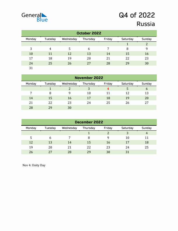 Quarterly Calendar 2022 with Russia Holidays