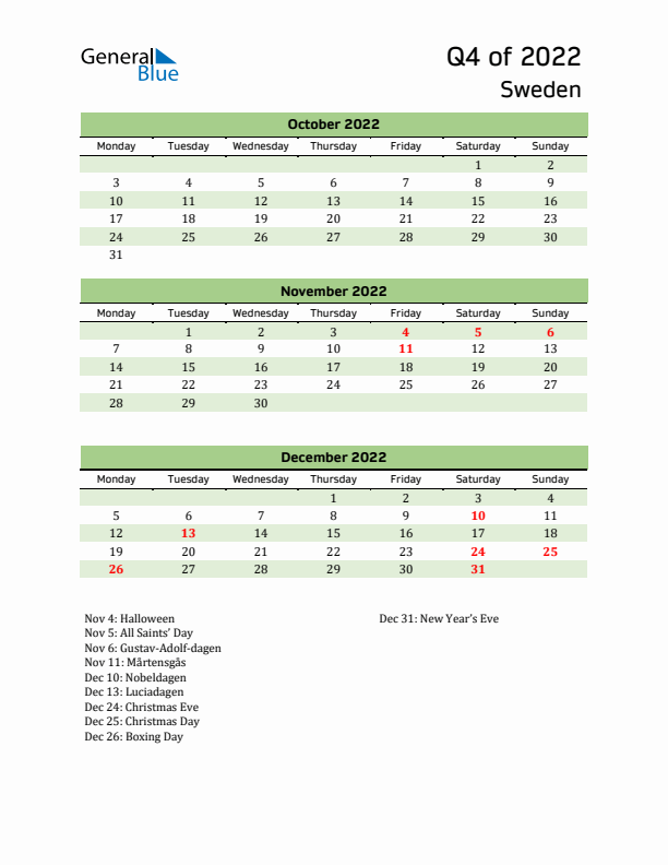 Quarterly Calendar 2022 with Sweden Holidays