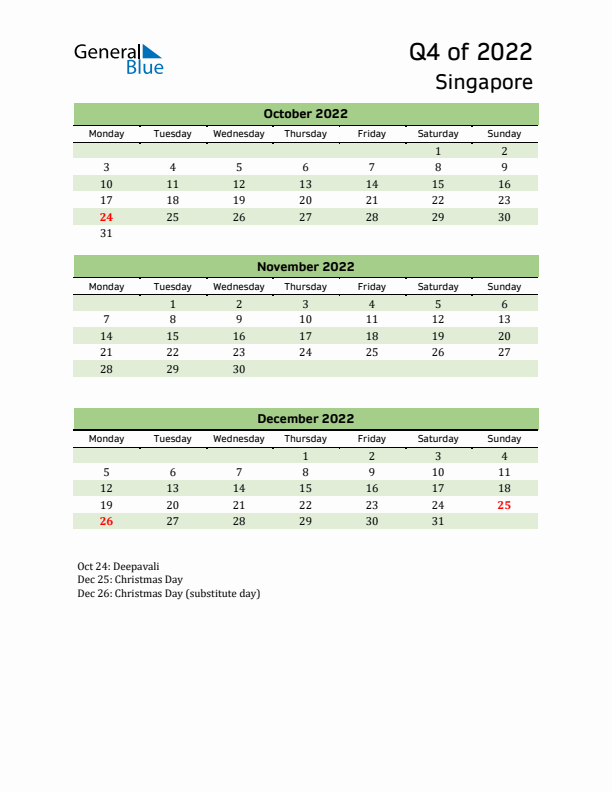 Quarterly Calendar 2022 with Singapore Holidays