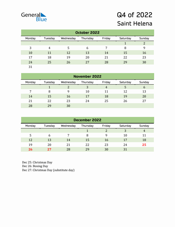 Quarterly Calendar 2022 with Saint Helena Holidays