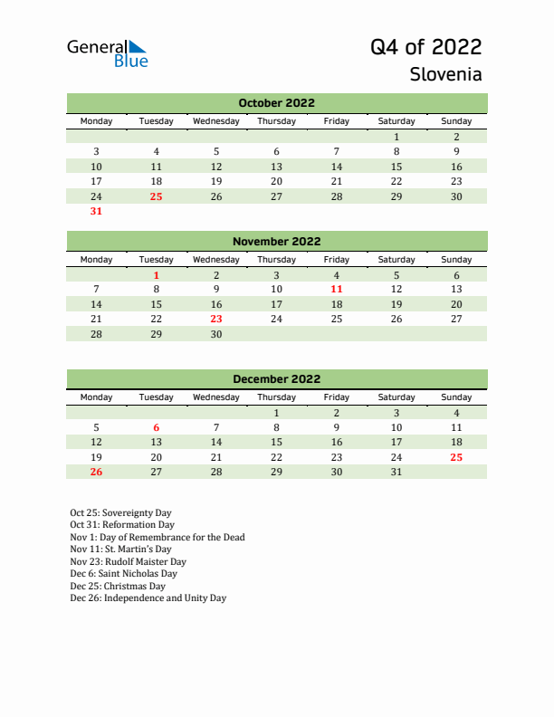 Quarterly Calendar 2022 with Slovenia Holidays