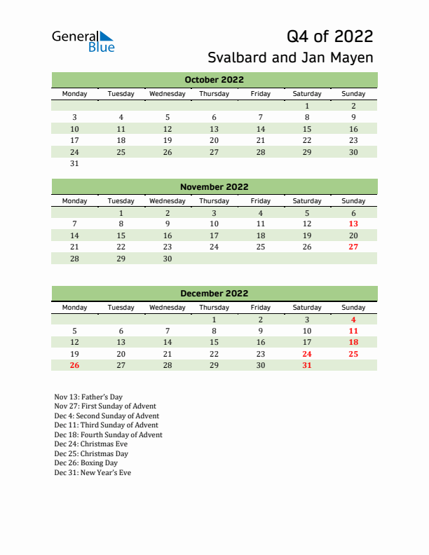 Quarterly Calendar 2022 with Svalbard and Jan Mayen Holidays