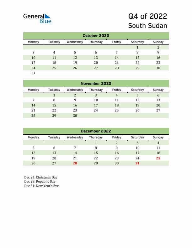 Quarterly Calendar 2022 with South Sudan Holidays