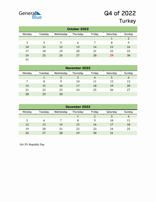 Quarterly Calendar 2022 with Turkey Holidays