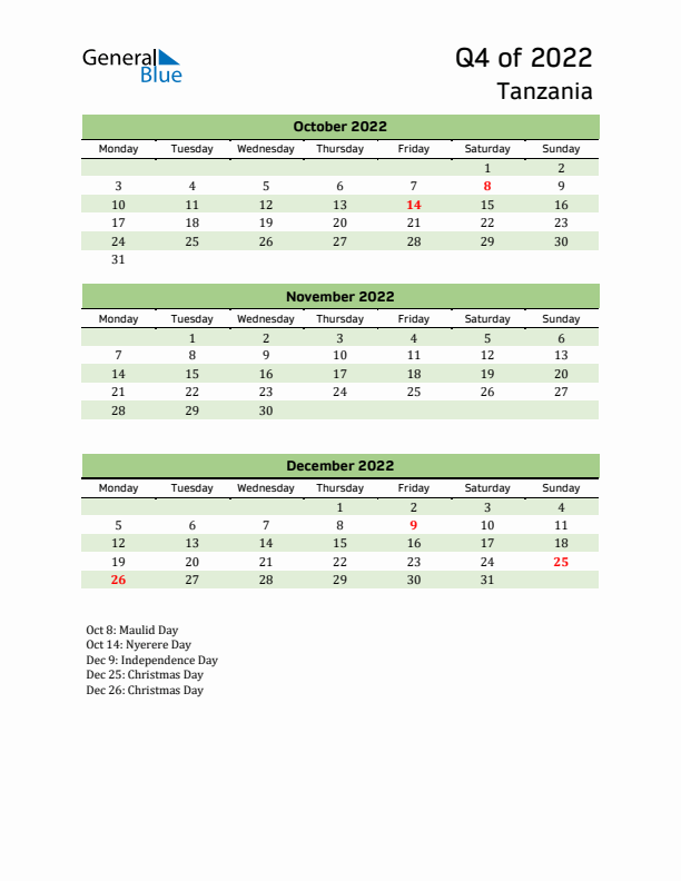 Quarterly Calendar 2022 with Tanzania Holidays