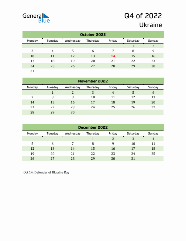 Quarterly Calendar 2022 with Ukraine Holidays