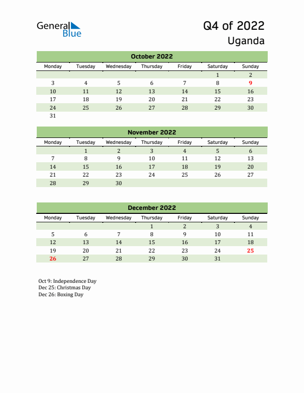 Quarterly Calendar 2022 with Uganda Holidays