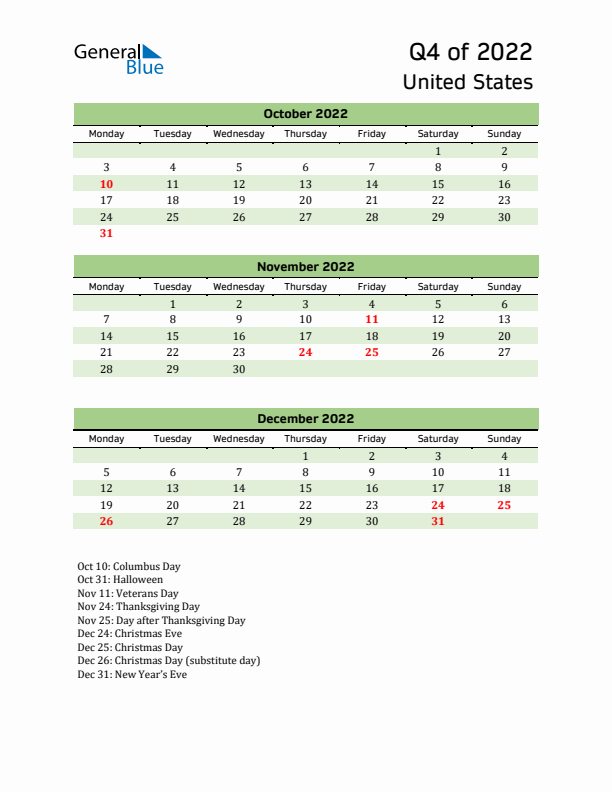 Quarterly Calendar 2022 with United States Holidays