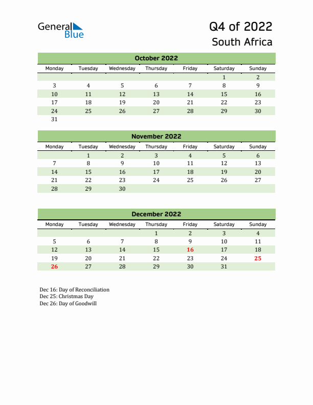 Quarterly Calendar 2022 with South Africa Holidays