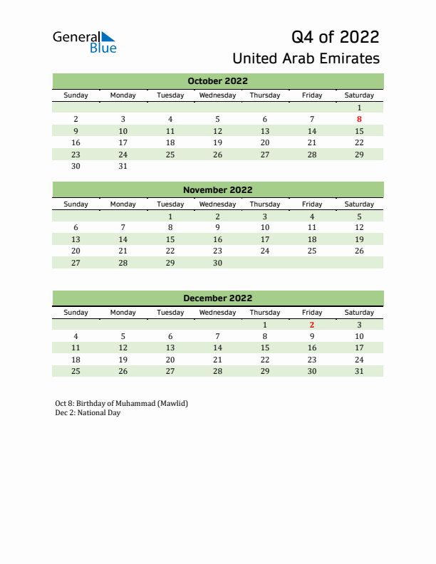 Quarterly Calendar 2022 with United Arab Emirates Holidays