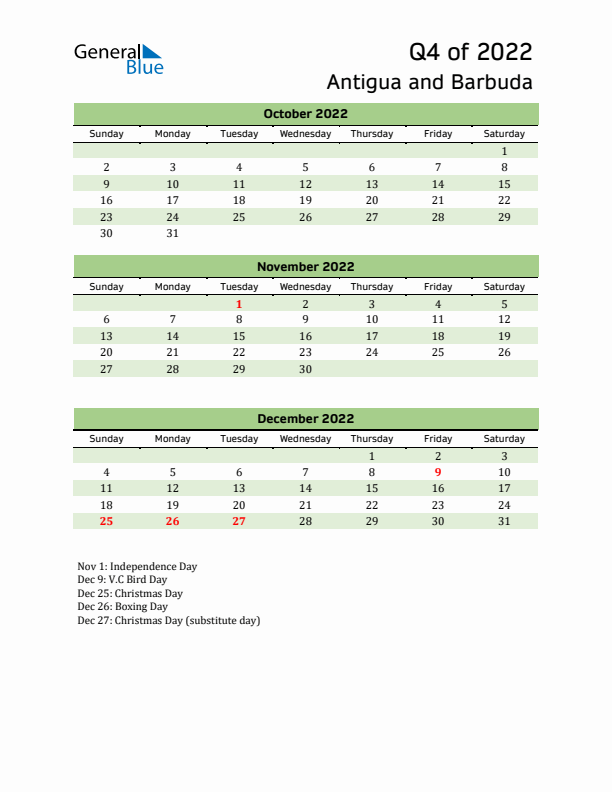 Quarterly Calendar 2022 with Antigua and Barbuda Holidays