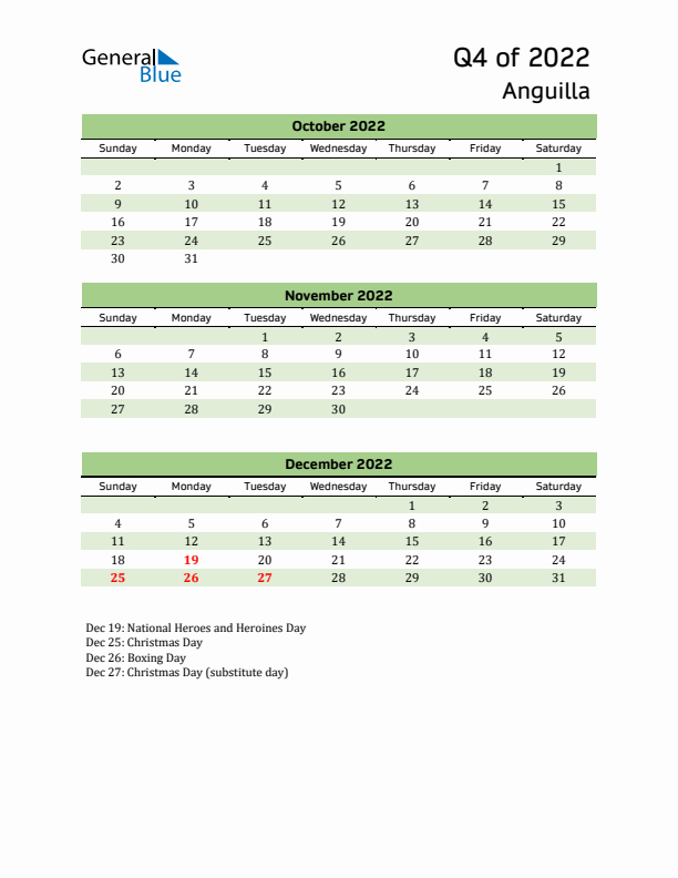 Quarterly Calendar 2022 with Anguilla Holidays