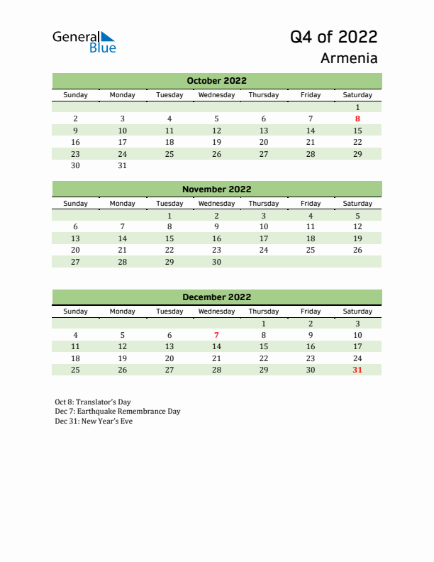 Quarterly Calendar 2022 with Armenia Holidays