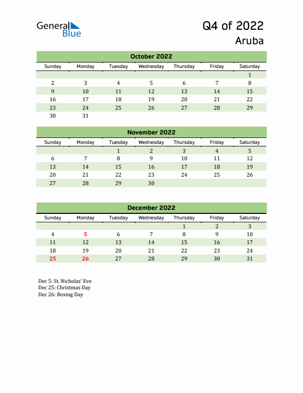 Quarterly Calendar 2022 with Aruba Holidays