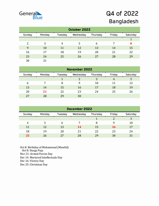 Quarterly Calendar 2022 with Bangladesh Holidays