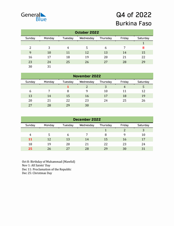 Quarterly Calendar 2022 with Burkina Faso Holidays