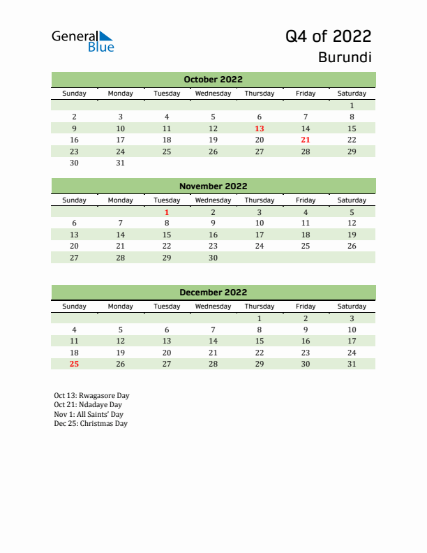 Quarterly Calendar 2022 with Burundi Holidays