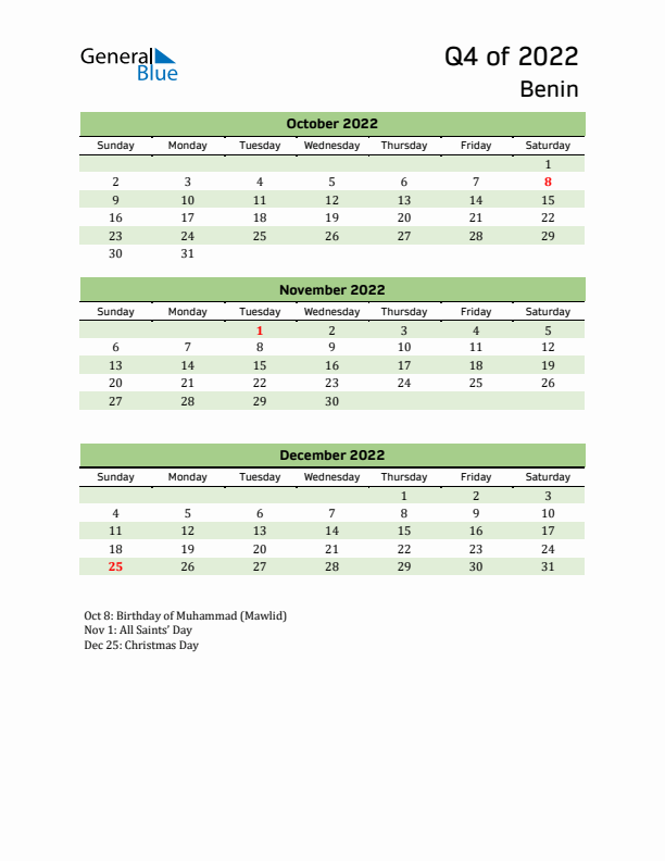 Quarterly Calendar 2022 with Benin Holidays