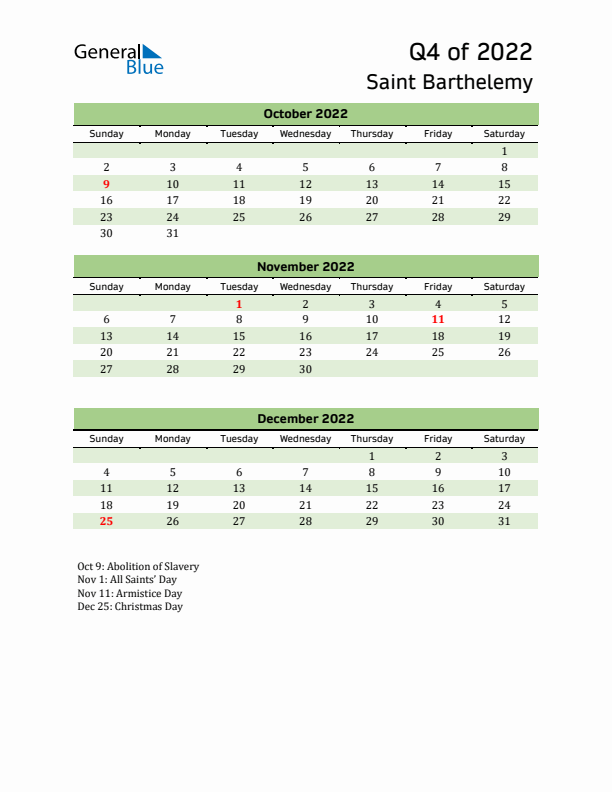 Quarterly Calendar 2022 with Saint Barthelemy Holidays