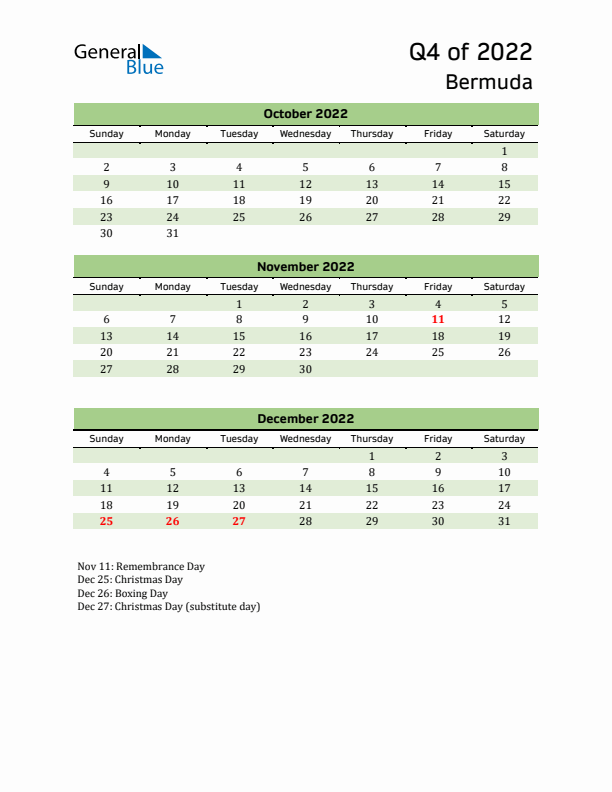 Quarterly Calendar 2022 with Bermuda Holidays