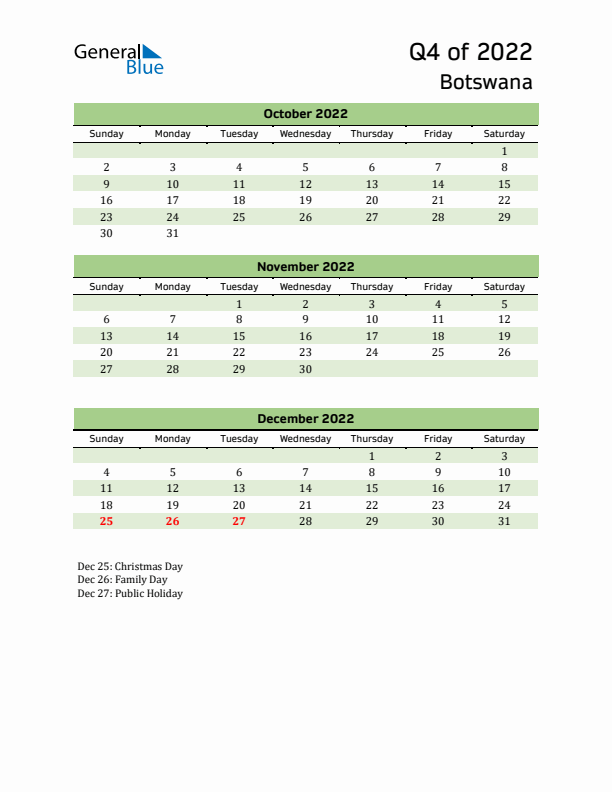 Quarterly Calendar 2022 with Botswana Holidays