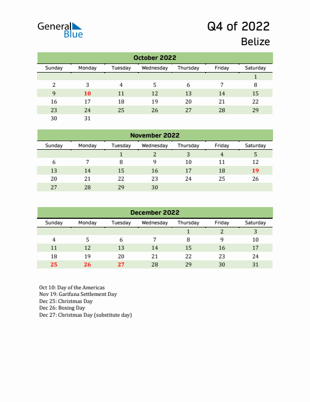 Quarterly Calendar 2022 with Belize Holidays