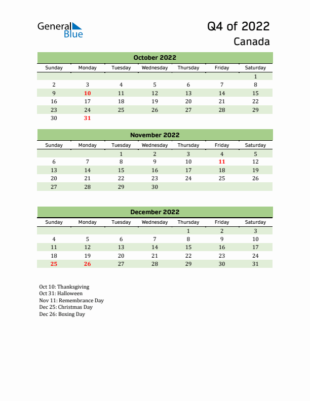 Quarterly Calendar 2022 with Canada Holidays