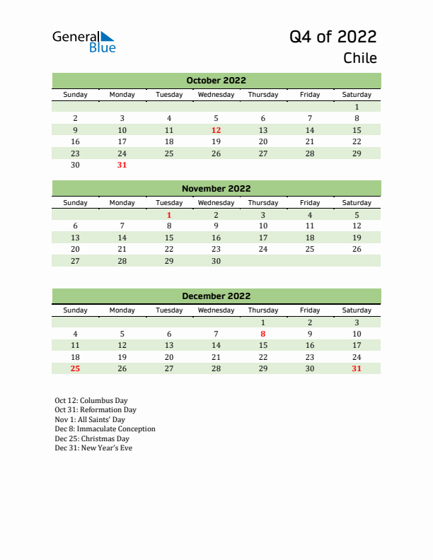 Quarterly Calendar 2022 with Chile Holidays