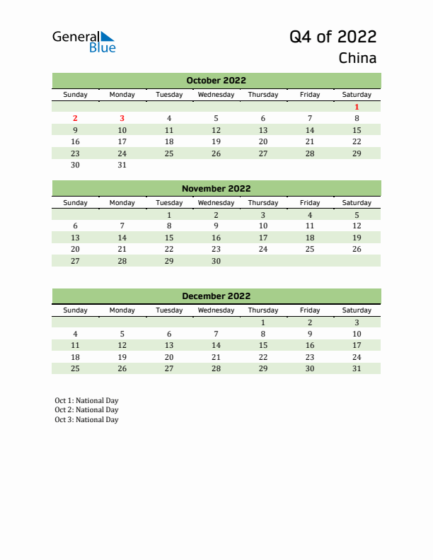 Quarterly Calendar 2022 with China Holidays