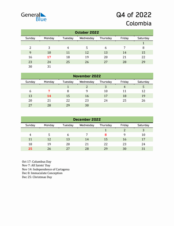 Quarterly Calendar 2022 with Colombia Holidays