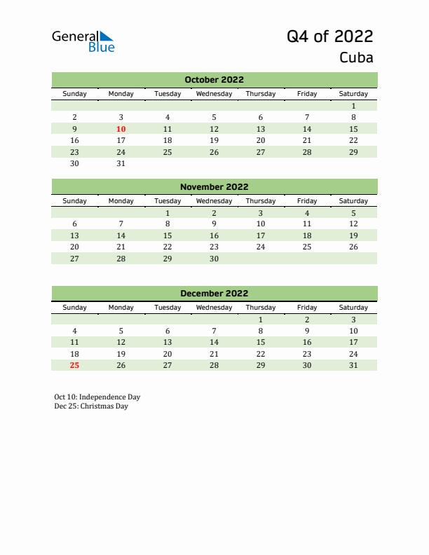 Quarterly Calendar 2022 with Cuba Holidays