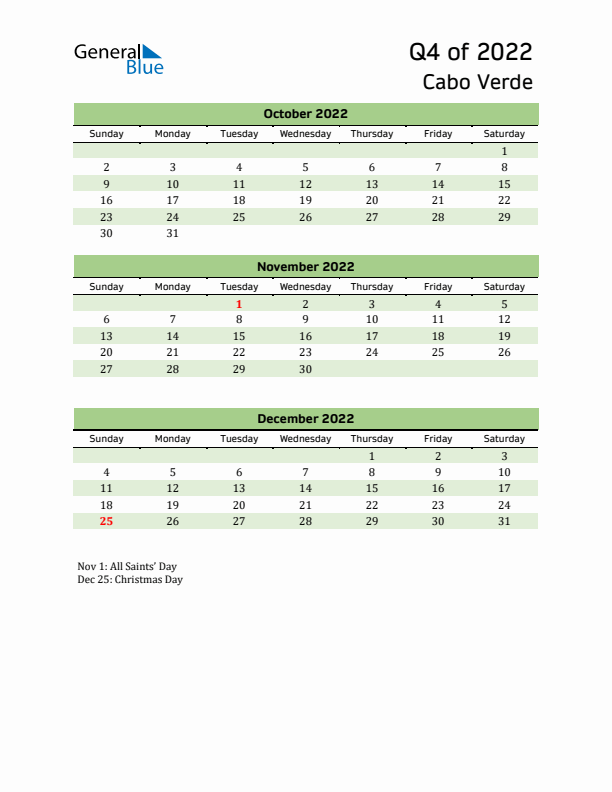 Quarterly Calendar 2022 with Cabo Verde Holidays