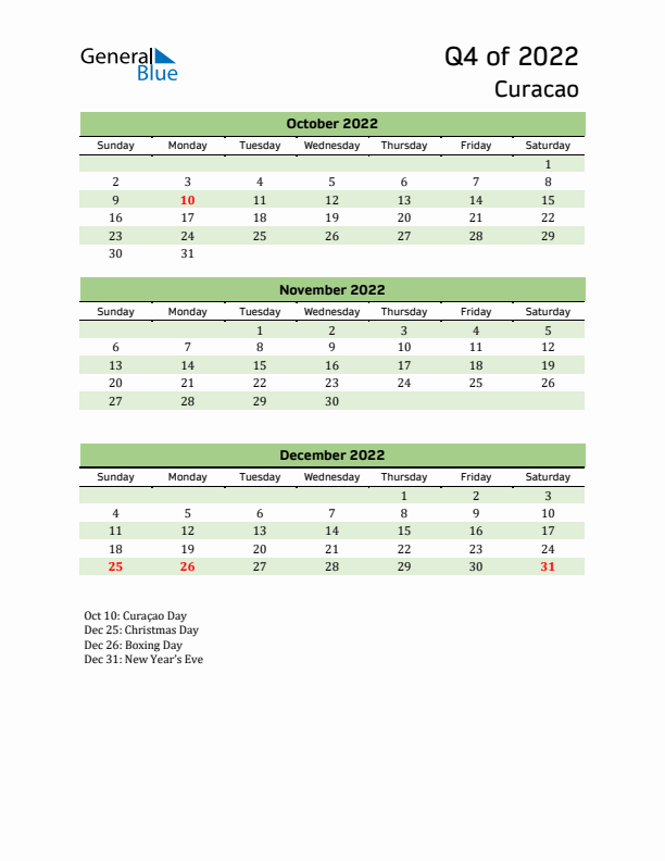 Quarterly Calendar 2022 with Curacao Holidays