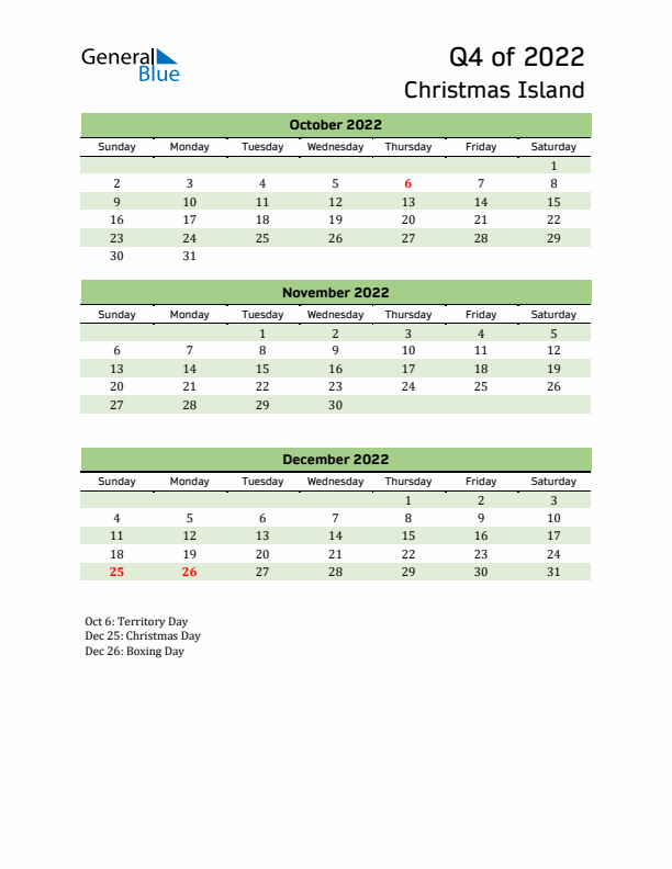 Quarterly Calendar 2022 with Christmas Island Holidays