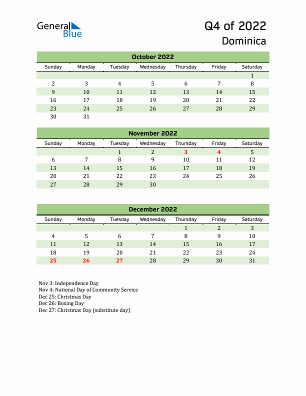 Quarterly Calendar 2022 with Dominica Holidays