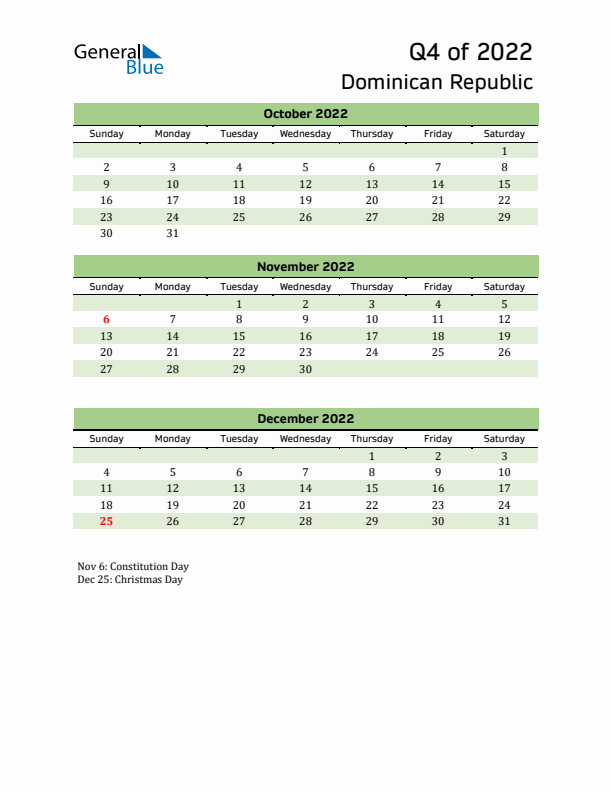 Quarterly Calendar 2022 with Dominican Republic Holidays