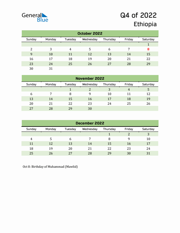 Quarterly Calendar 2022 with Ethiopia Holidays