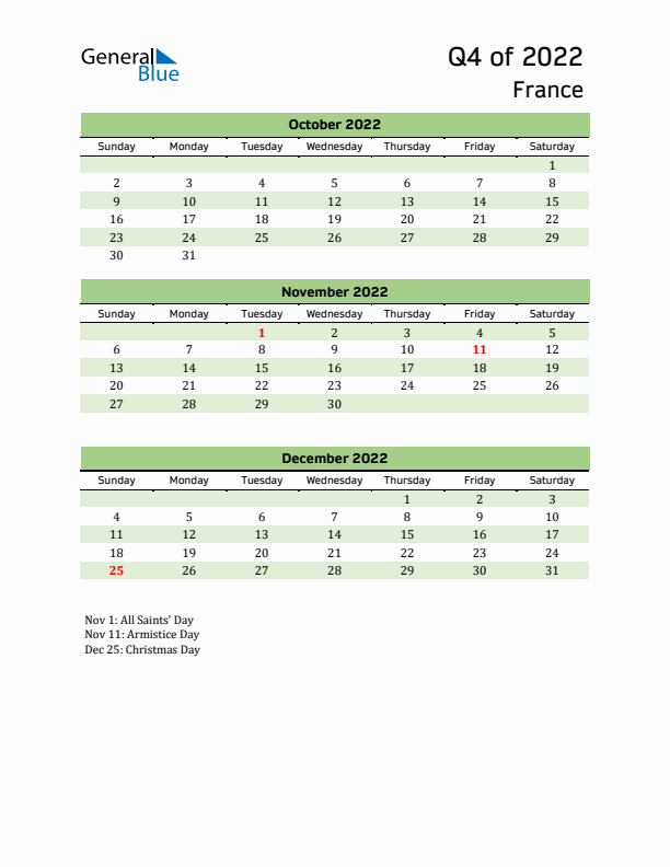 Quarterly Calendar 2022 with France Holidays