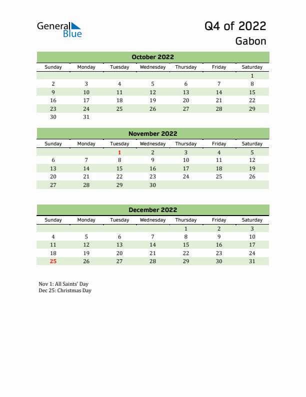 Quarterly Calendar 2022 with Gabon Holidays