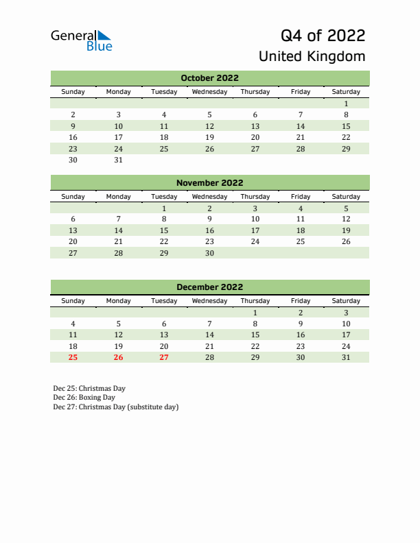 Quarterly Calendar 2022 with United Kingdom Holidays