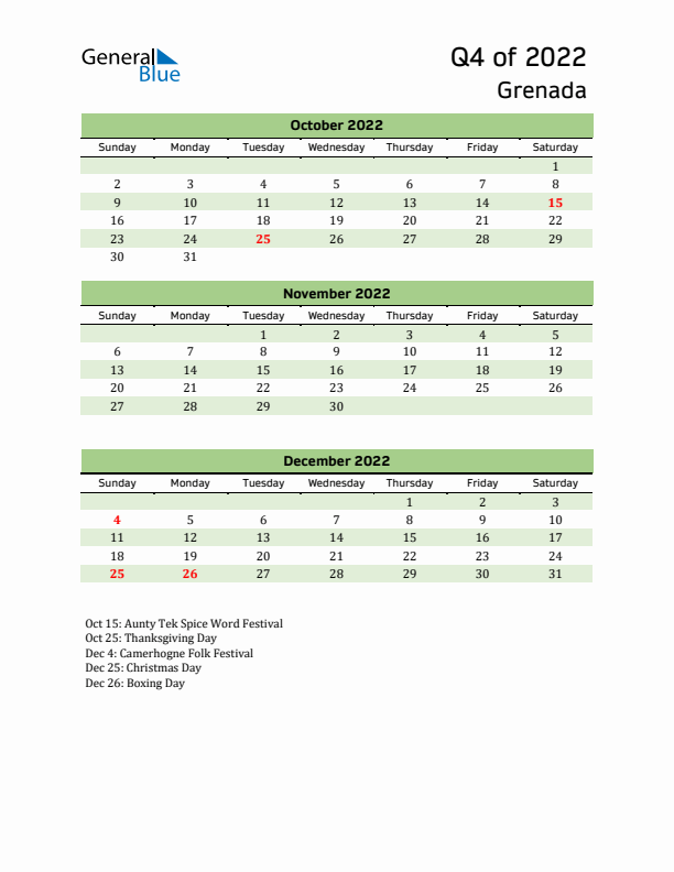 Quarterly Calendar 2022 with Grenada Holidays