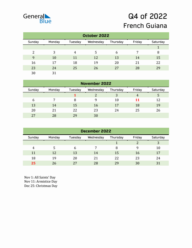 Quarterly Calendar 2022 with French Guiana Holidays